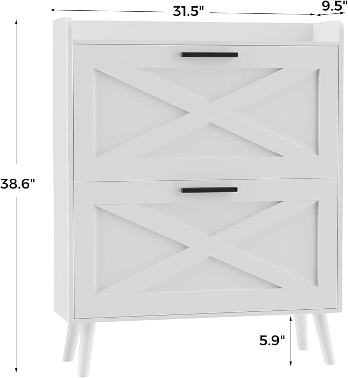 Homleke 32" W Farmhouse Shoe Storage Cabinet with 2 Flip Drawers and Barn Door Design, Adjustable Shelves, Modern Hidden Slim Narrow Shoe Rack Cabinet for Entryway, Foyer, Hallway, Living Room, White