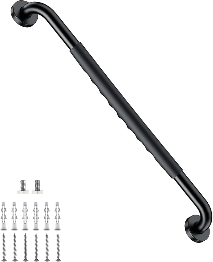 Anti-Slip Black Bathroom Grab Bar 24 inch, iMomwee Stainless Steel Shower Handrail for Elderly, Wall Mounted Safety Handicap Bars, Balanced Support Handle Bar for Senior