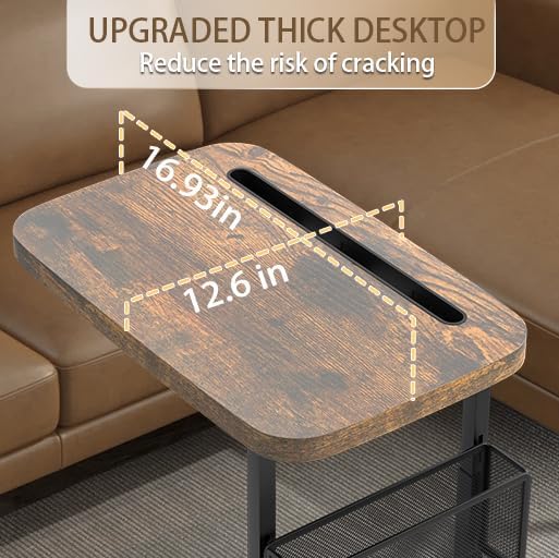Fashion TV Tray Table with Large Tabletop, Adjustable Sofa Table with Storage Baskets, Strong Metal Frame, Tv Dinner Tray Table for TV Watching, Meals, Snacks (Square, Brown, 16.93inch x 12.6inch)