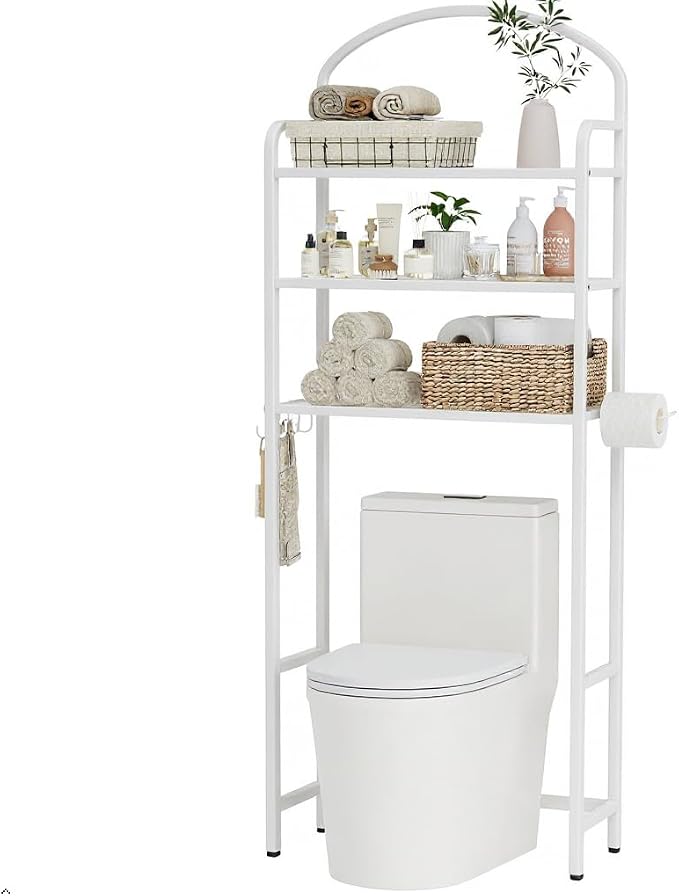 Over The Toilet Storage Rack - 3 Tier Bathroom Organizer with 4 Hooks & Paper Holder - Space Saving Metal Shelf for Bathroom - White Toilet Storage