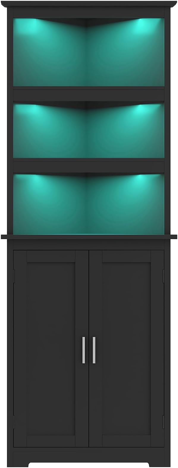 TEENFON Corner Cabinet, Tall Corner Hutch with 5 Shelves & 2 Doors, Bathroom Cabinet with Adjustable Shelf, for Living Room, Kitchen, Bathroom, Black