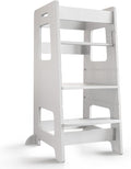 Kitchen Step Stool, WOOD CITY Toddler Kitchen Stool Helper with Safety Rail, Height Adjustable Child Standing Tower Learning Stool for Counter and Bathroom Sink (White)