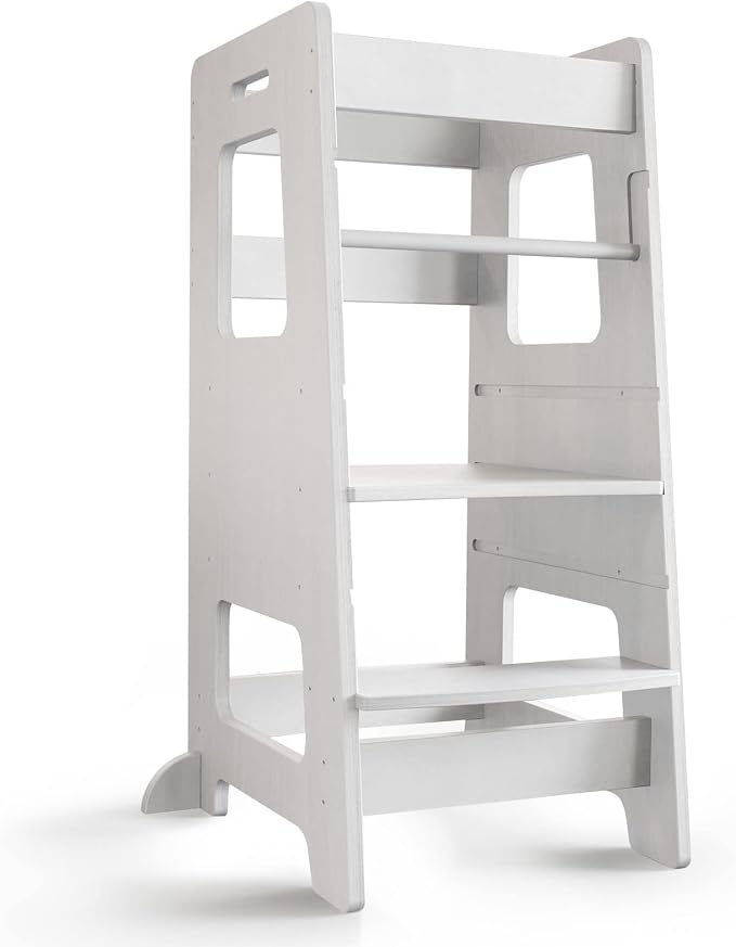 Kitchen Step Stool, WOOD CITY Toddler Kitchen Stool Helper with Safety Rail, Height Adjustable Child Standing Tower Learning Stool for Counter and Bathroom Sink (White)
