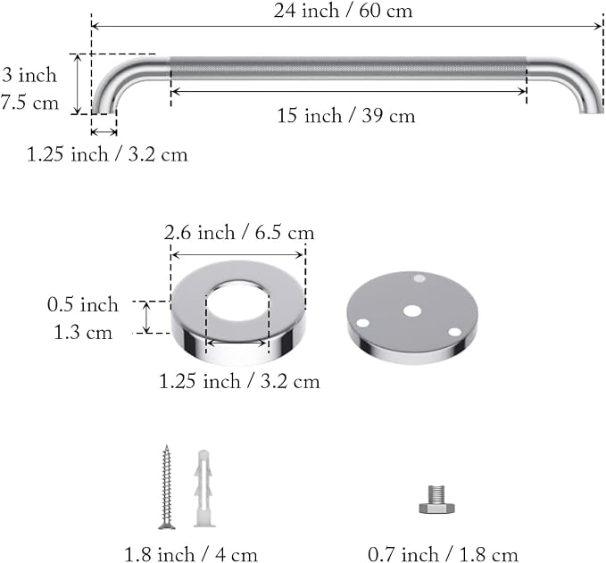 Anti Slip Shower Grab Bar 24 Inch, YuanDe Chrome Stainless Steel Bath Grab Bar, Knurled Bathroom Safety Rail, Shower Handrail Support, Handicap Elderly Balance Assist Handles