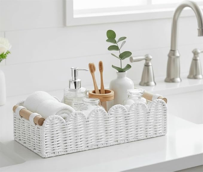 CubesLand Scalloped Edge Toilet Paper Storage Basket, Living Room Home Cozy Decor Basket, Paper Rope Small Baskets for Over Toilet Storage Shelf, End Table, Shelves, with 2 Wooden Handles, White