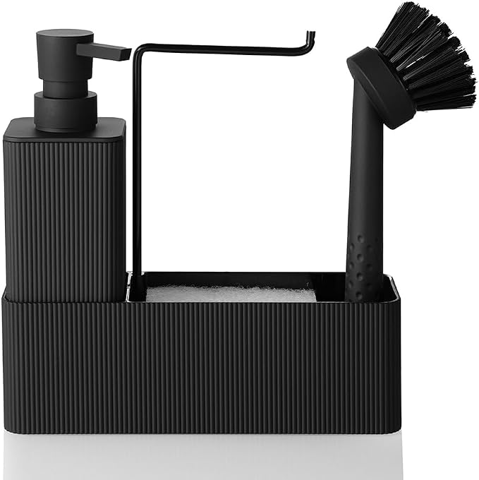 YAUKPH 4 in 1 Kitchen Soap Dispenser Set - Soap Dispenser Brush Sponge Holder Towel Rack (Striped Black)