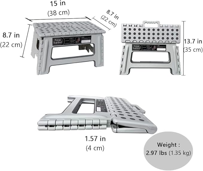Folding Step Stool - 9inch Height Holds up 300 Lbs Lightweight Foldable Stepping is Sturdy Enough to Support Adults & Safe for Kids. Skid Resistant and Open with one flip(Gray)