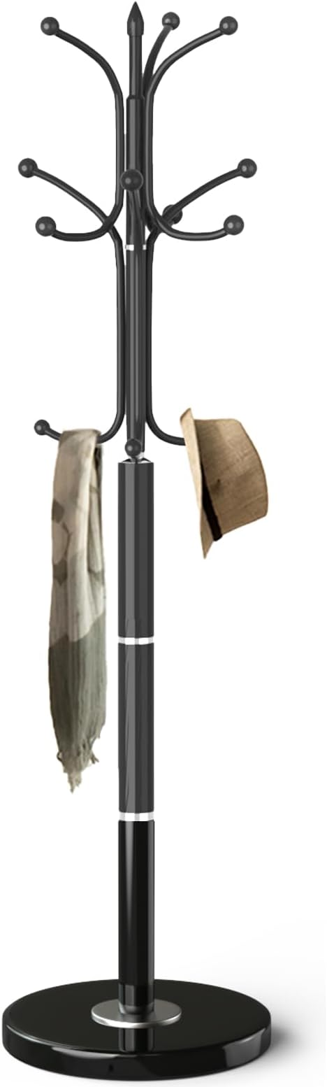 OIRUMIE Coat Rack with Natural Marble Base, Metal Modern Coat Racks Freestanding, Coat Rack Stand with 12 Hooks, Coat Tree Hats Hanger Stand for Entryway, Hallway (12 Hooks-Black)