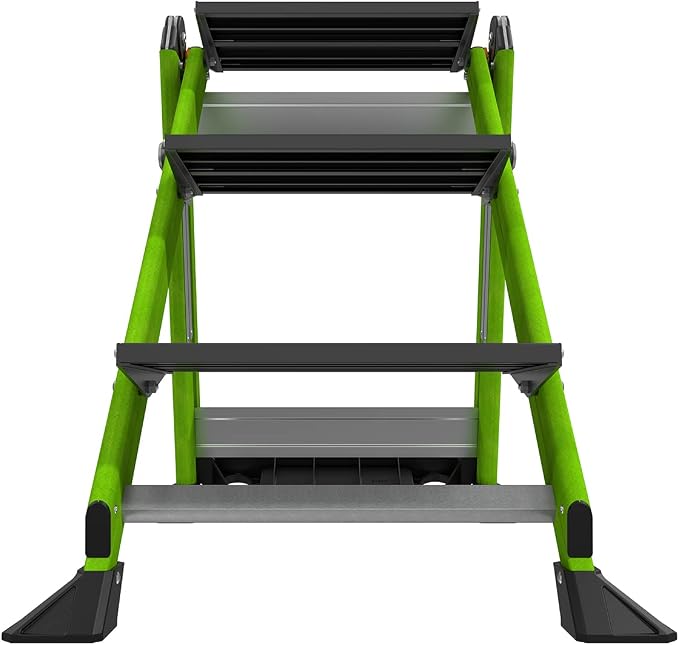 Little Giant Jumbo Step 3-Step Foldable 3-Ft Fiberglass Stool, Non-Conductive, Hi-Viz Green Rails, Extra-Wide Stair-Like Treads, Rotating Handrail, 375 lb. Type IAA, 11933