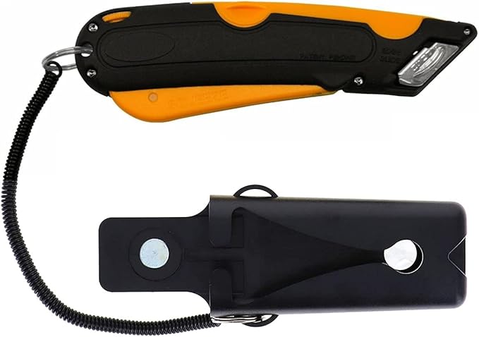 Veltec EZ-1000 Safety Box Cutter Utility Knife, 3 Blade Depth Setting, Squeeze Trigger and Dual Side Edge Guide, 2 Blades, Holster and Lanyard (Orange)