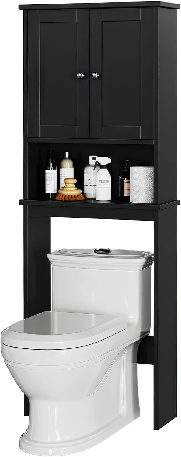 Over the Toilet Storage Cabinet for Bathroom, Black Bathroom Over Toilet Cabinet Freestanding Storage Organizer, Space Saver with Doors and Adjustable Shelf, Black
