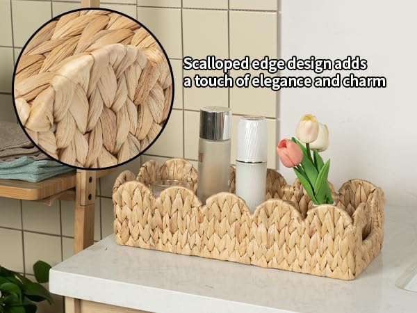 Coeusy 2 Pack Toilet Baskets,Scalloped Edge Wicker Basket for Toilet Paper Storage,Small Baskets for Bathroom,Living Room,Countertop,Shelves,Both Organizer & Decor,Natural Water Hyacinth
