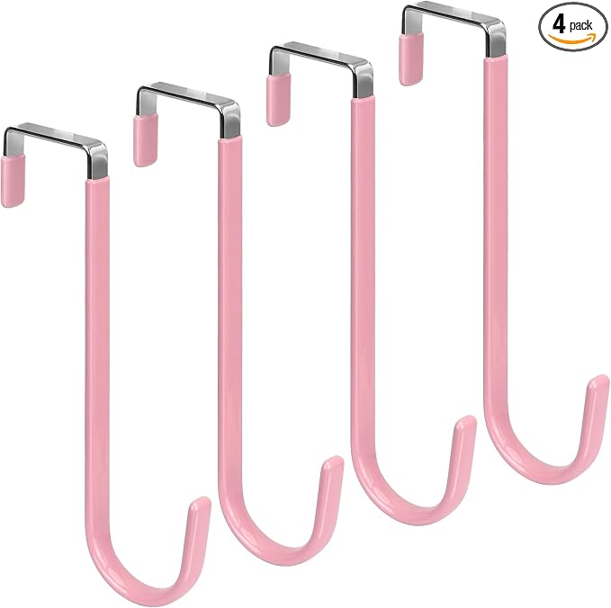 FYY Over the Door Hooks, 4 Pack Upgraded Long Door Hangers Hooks with Rubber Prevent Scratches Heavy Duty Organizer Hooks for Hanging Clothes, Towels, Hats, Coats, Bags Pink