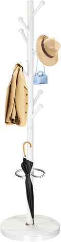 OIRUMIE Coat Rack with Natural Marble Base, Metal Coat Racks Freestanding, Modern Coat Rack Stand with 8 Hooks& Umbrella Holder, White Coat Clothes Tree Hats Hanger Stand for Entryway, Hallway