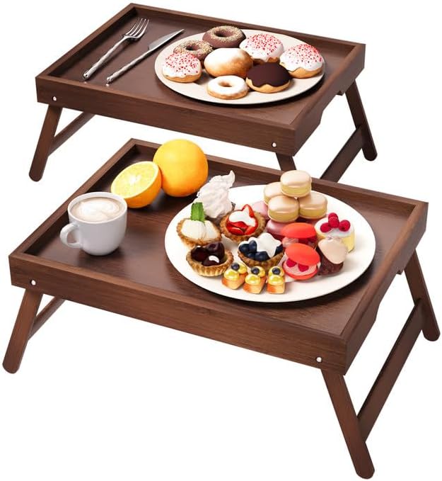 Fibogollo 2 Pack Bamboo Bed Tray Table with Folding Legs,Breakfast Trays,Serving Tray for Food and Snack,Laptop Trays for Working(Brown)