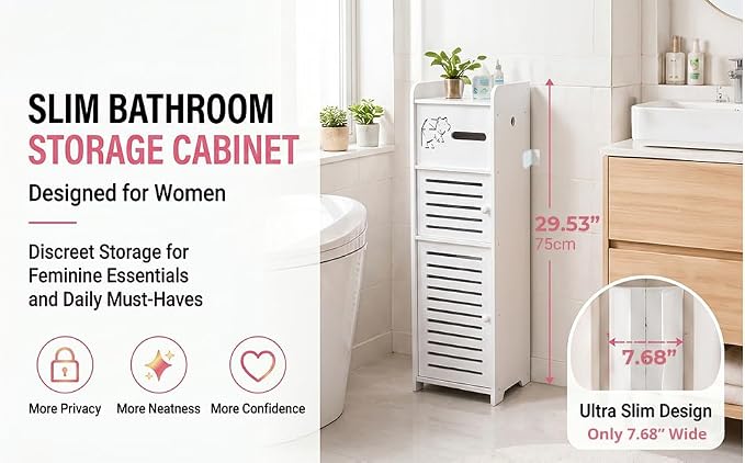 BorealBear Slim Bathroom Storage Cabinet with Louvered Doors for Women, Narrow Freestanding Floor Cabinet to Store Pads Tampons Toiletries, 3-Tier Large Moisture-Resistant Organizer Small Space