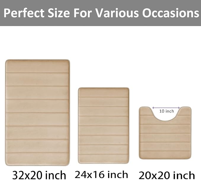 RUN HELIX Memory Foam Bath Mat Set 3 Piece, Soft and Comfortable, Super Water Absorption, Non-Slip, Thick, Machine Wash, Easier to Dry for Bathroom Floor Rug, Beige Toilet Rug Bathroom Set