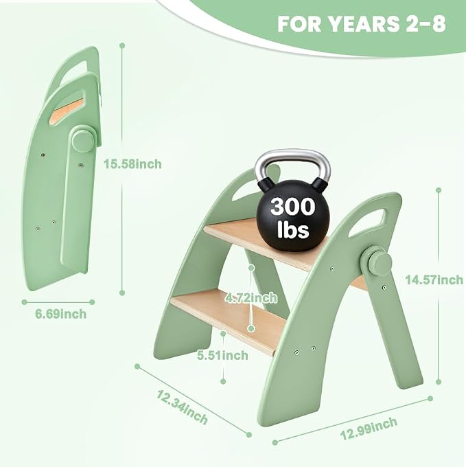Wooden 2 Step Stool for Toddlers, Foldable 2-Step with Non-Slip Pads and Handles, Bamboo Step Stool for Kids Bathroom Sink and Potty Training, Kitchen Helper, Nursery Bedroom (Green)