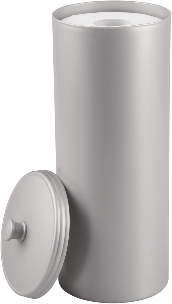 iDesign Freestanding Bathroom Toilet Paper Storage Holder with Lid for 3 Extra Rolls, Silver
