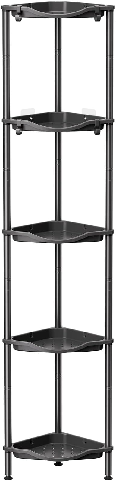 Lifewit Floor Standing Shower Caddy Corner, 5 Tier Plastic Shower Stand Rack with Adjustable Feet and Hooks, Rustproof Bathroom Shelf Organizer, Black，34 x 24 x 139 cm/13 x 9.5 x 55 inch