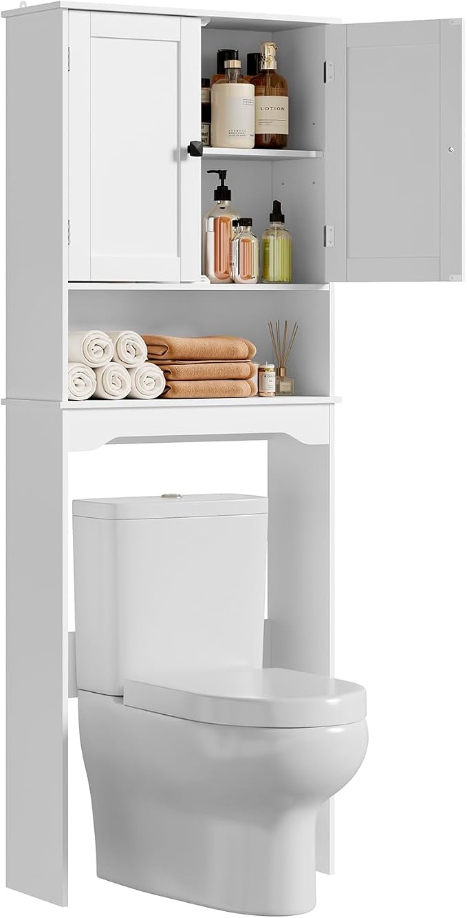 RRX Over The Toilet Storage Cabinet,Bathroom Above Toilet Cabinets Organizer, 24.8" L x 9.1 "W x 65.7 "H Free Standing Toilet Rack with Adjustable Shelf and Open Storage,Double Doors(Pure White)