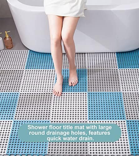 12 Pack 11.8" x 11.8" Interlocking Floor Tiles with Drain Holes Soft PVC Non Slip Shower Floor Mat Modular Interlocking Cushion Mat for Drain, Pool, Patio, Balcony, Kennel, Poultry, Floor Grid, Blue
