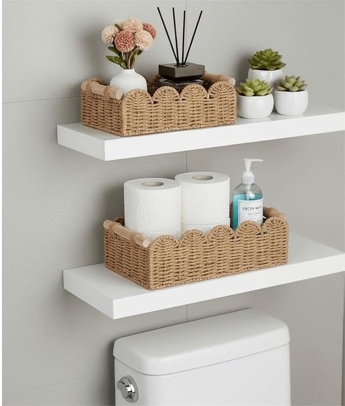 CubesLand Toilet Paper Storage Organizer Basket, Scalloped Decorative Baskets for Over Toilet Shelves, Wicker Small Basket Perfect for Home Countertop Storage & Decor, Living Room Shelf Decor, Neutral