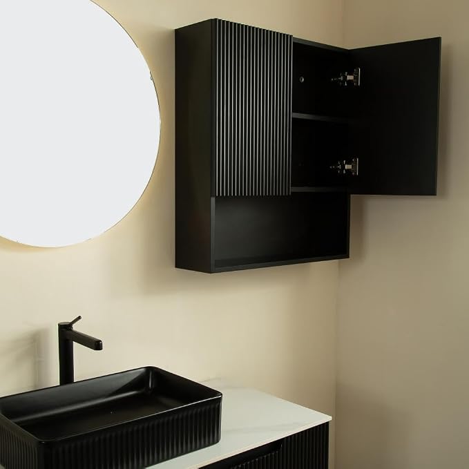 USHOWER Black Bathroom Wall Cabinet, Thickened MDF Medicine Cabinet with 2 Fluted Doors & Open Shelf, Over the Toilet Storage Cabinet for Laundry Room, Living Room, Kitchen, Wall Mounted