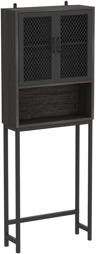 Launica Over the Toilet Storage Cabinet, Over Toilet Bathroom Organizer with Mesh Doors and Shelves, Freestanding Bathroom Storage Cabinet Above Toilet, Wood and Metal, Dark Gray Oak