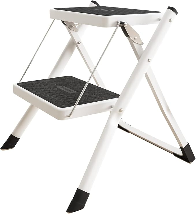 2 Step Stool Folding Step Ladder with Anti-Slip Base and Wide Pedal, Lightweight Sturdy 330 lbs Portable Step Stool for Kitchen Pantry Closet Office Garage Travel Indoor Outdoor Use, White
