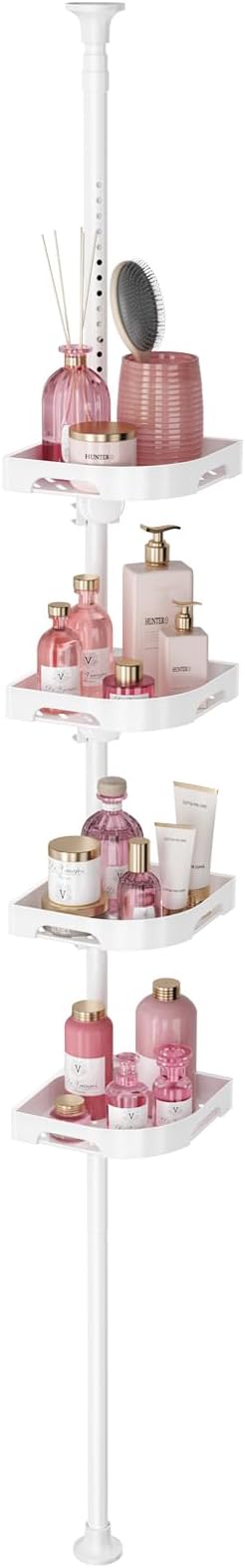 akinbas Tension Pole Shower Caddy Organizer with 4 Tier L-Shaped Rust Resistant Bathroom Corner Shelves with 34-124 Inch Adjustable No Drilling Quick Install Shower Rack for Bath Essentials (White)