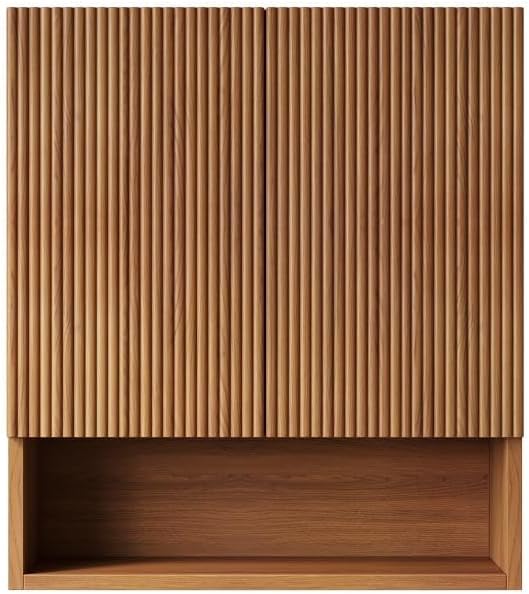 USHOWER Brown Oak Bathroom Wall Cabinet, Thickened MDF Medicine Cabinet with 2 Fluted Doors & Open Shelf, Over the Toilet Storage Cabinet for Laundry Room, Living Room, Kitchen, Wall Mounted