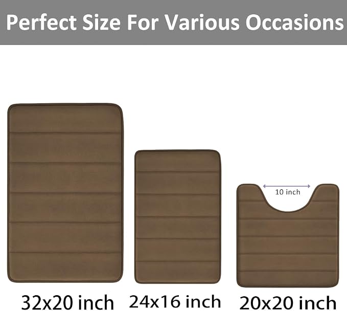 RUN HELIX Brown Bathroom Rugs Memory Foam Bath Mat Set 3 Piece Non-Slip Bath Rugs, Absorbent Shaggy Mats, Machine Wash,Perfect Plush Mats, Bathroom Carpets Set with U-Shaped Toilet Mat-Bedroom Rug