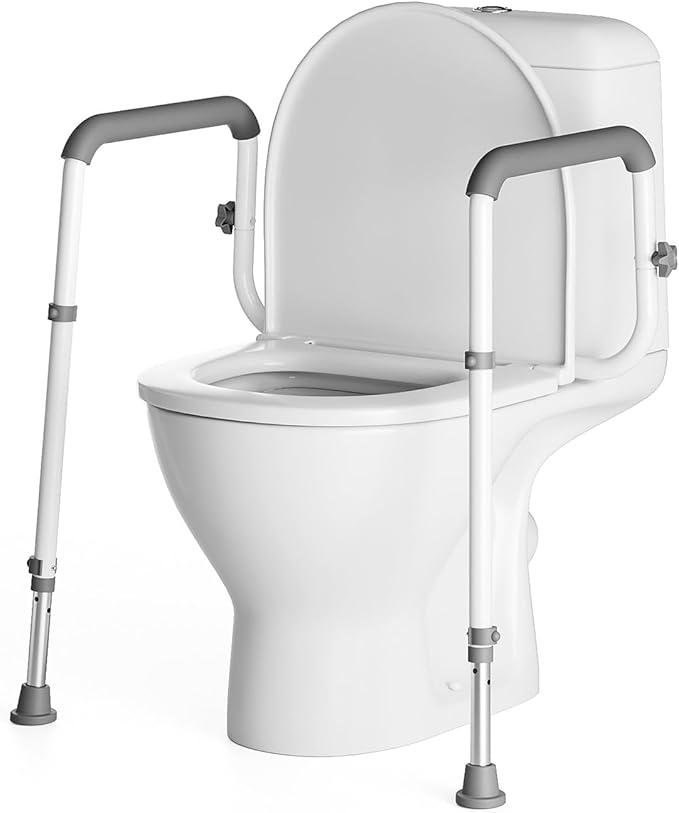 Loyoda Toilet Safety Rail, Adjustable Height & Width, 350 lbs for Seniors | Securely bolts to toilet seat holes for stability. Non-slip feet, Padded grip. Sturdy steel Frame. For mobility assistance.