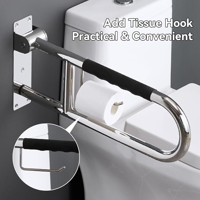 Toilet Grab Bar 23.6 Inch, BVTOURA Flip-Up Safety Rail with Soft Silicone Anti-Slip Finger-Grip Handle and Paper Holder, Stainless Steel U-Shaped Support Bar for Elderly Disabled, Brushed Nickel