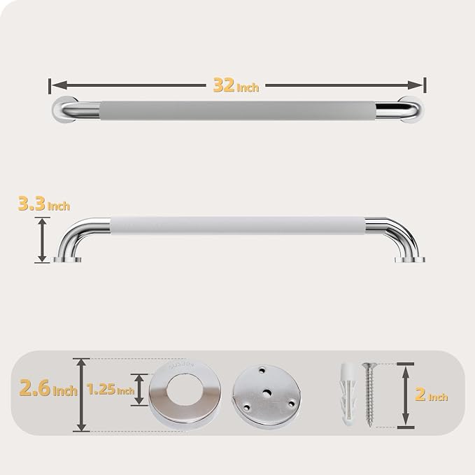 32 Inch Shower Grab Bar, Bathroom Grab Bar Handle with Anti-Slip Knurled Grip, Stainless Steel Bath Balance Bar, 1.25" Diameter Bath Safety Bar Support for Seniors Elderly Pregnant, Polishes Chrome