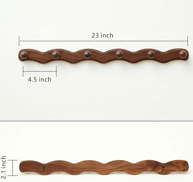 Wood Coat Rack Wall Mount - Walnut Coats Hook Hanger Wall-Mounted, Wave-Shaped Entryway Hanging Racks with 6 Hooks for Jacket Keys Hats Robes Towels Bags, Living Room Mudroom Bathroom Bedroom Hallway