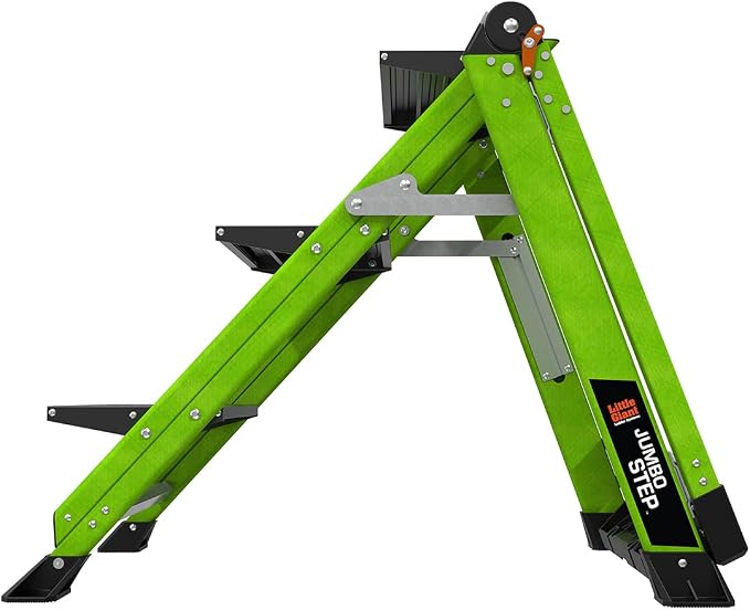 Little Giant Jumbo Step 3-Step Foldable 3-Ft Fiberglass Stool, Non-Conductive, Hi-Viz Green Rails, Extra-Wide Stair-Like Treads, Rotating Handrail, 375 lb. Type IAA, 11933