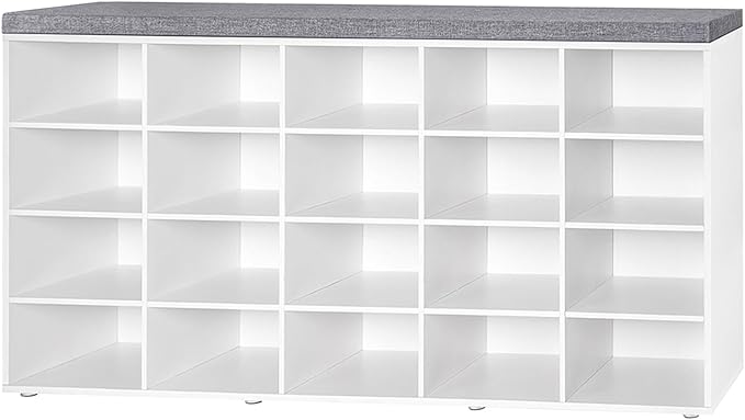 DINZI LVJ Shoe Storage Bench, 20-Cubby Shoe Rack Bench with Cushion, Fully Adjustable Shelves, Shoe Organizer for Closet, Entryway, Mudroom, Hallway and Garage, White