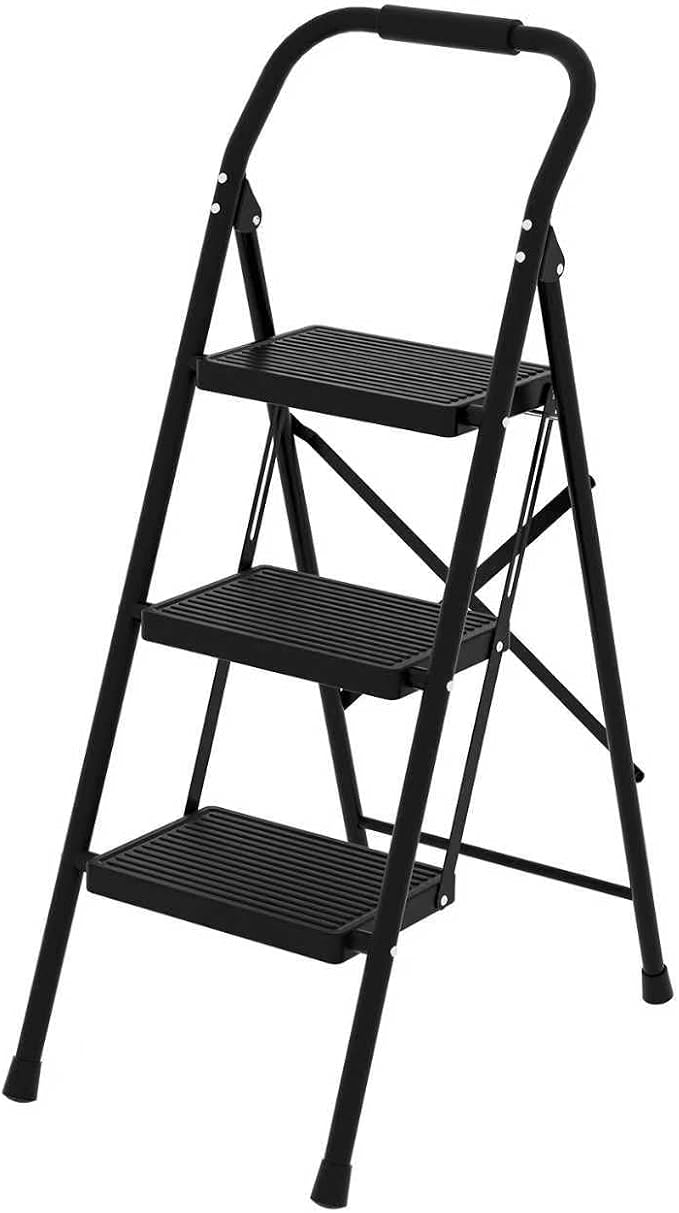 3 Step Ladder Folding 330lbs Anti Slip，Foldable Ergonomic with Wide Pedal for Home, Kitchen, OfficeMatte Black