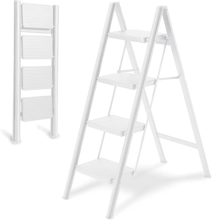 4-Step Folding Ladder, Heavy Duty Ladders for Home & Kitchen, Folding Ladder Easy to Store, Tall Ladder for Adults, Anti-Slip & Space-Saving Step Ladder, 330 Lbs Capacity, White