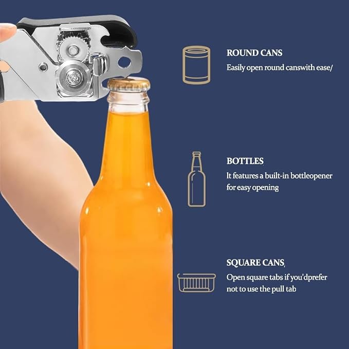 Multifunctional Stainless Steel Manual Can Opener and Bottle Opener, Heavy Duty Hand Held Can Opener with Easy Turn Knob, Sharp Blade Smooth Edge, Good Grips Kitchen Tool for Seniors (Black)