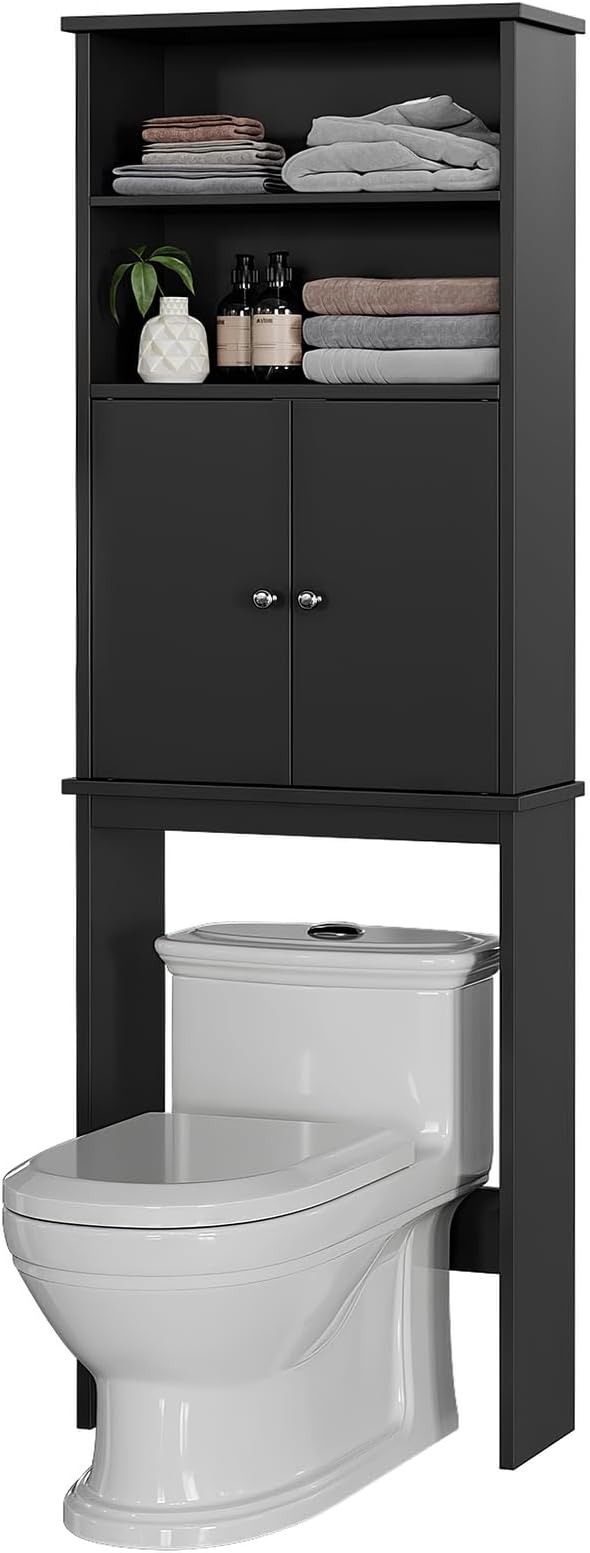 Over the Toilet Storage Cabinet for Bathroom, 75in Black Over Toilet Cabinet Freestanding Storage Organizer, Space Saver with Doors and Adjustable Shelf, Black
