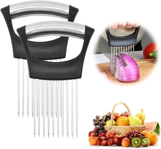 2026 Upgraded Onion Holder for Slicing, New Stainless Steel Onion Slice Holder Lemon Slicer Vegetable Cutter, Kitchen Chopper Slicing Assistant Tool for Meat, Onion, Potato, Tomato (2 Pack)