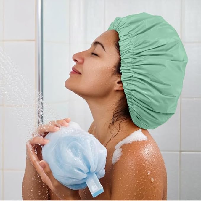 Reusable Shower Cap for Women, Large Waterproof Shower Bonnet with Elastic Band, Washable Bath Hair Cap for Long, Curly Hair, Braids, Daily Shower, Home Spa, Travel(Green Bean)