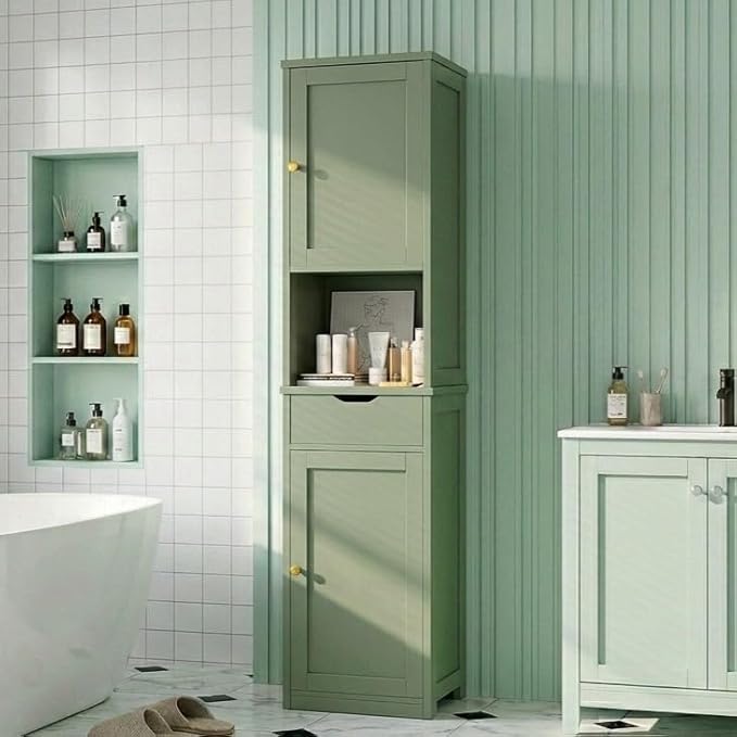 Vongrasig Tall Bathroom Storage Cabinet, 64”H Narrow Storage Unit for Small Spaces, Freestanding Modern Cabinet with Adjustable Shelves for Bathroom, Living Room, Kitchen, Green