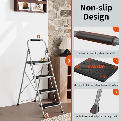 DIAMONDFORGE 4 Step Ladder, Folding Step Stool with Anti-Slip Wide Pedal, Soft Handle, Anti-Slip Feet, Heavy-Duty Steel Construction, 900lbs Capacity Steel Ladder for Home Office, Grey