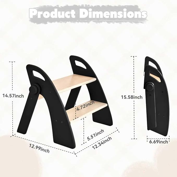 Wooden 2 Step Stool for Kids Bathroom Sink Foldable Anti-Slip 2-Step for Toilet Potty Training, Child Stepping Stool for Kitchen Nursery Bedroom, Sturdy Non Slip Adult Stool for Closet Black