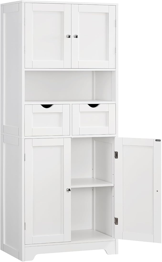Iwell Tall Storage Cabinet with Adjustable Shelf & 2 Drawers, Kitchen Pantry Cabinet, Pantry Cabinets with 4 Doors, Tall Cabinets for Living Room, Kitchen, Bathroom, White