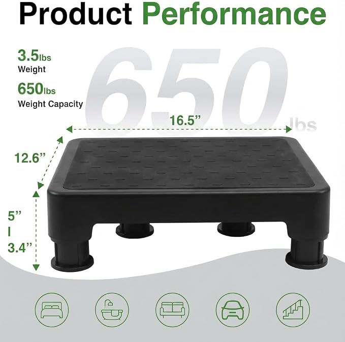 COOL-ANGLE Adjustable Step Stool for High Beds & SUV - Non-Slip Mobility Platform for Seniors, 650lbs Capacity, 3 Heights (3.4"-5"), Wide Safety Base for Car & Bath, 16.5"x12.6", Black